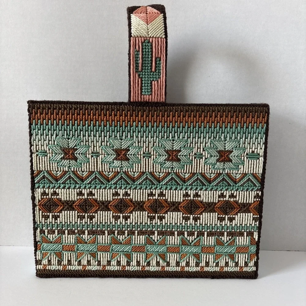 Vintage Handmade Needlepoint Cross Stitch Box Aztec Desert Cactus Purse